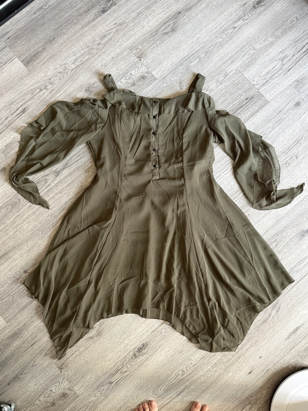 Olive Off-Shoulder Handkerchief Hem Dress with Sheer Flare Sleeves